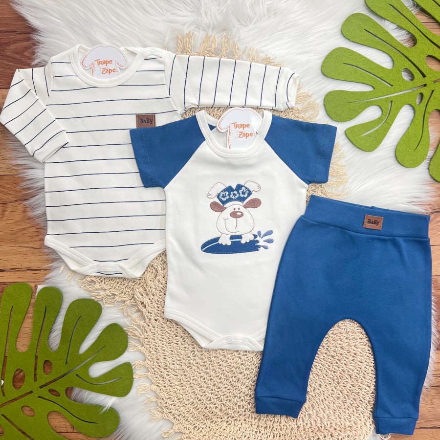 Conj. de Malha 3 peças - Dog Surfista - Off White e Marinho